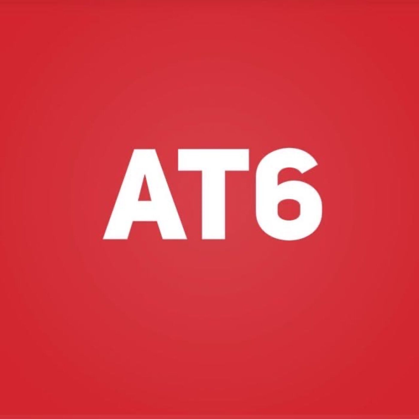 artwork van AT6. Het lijkt precies op het logo van AT5, maar dan met een 6. Tegen een rode achtergrond zie je de letters in het wit, that's it!