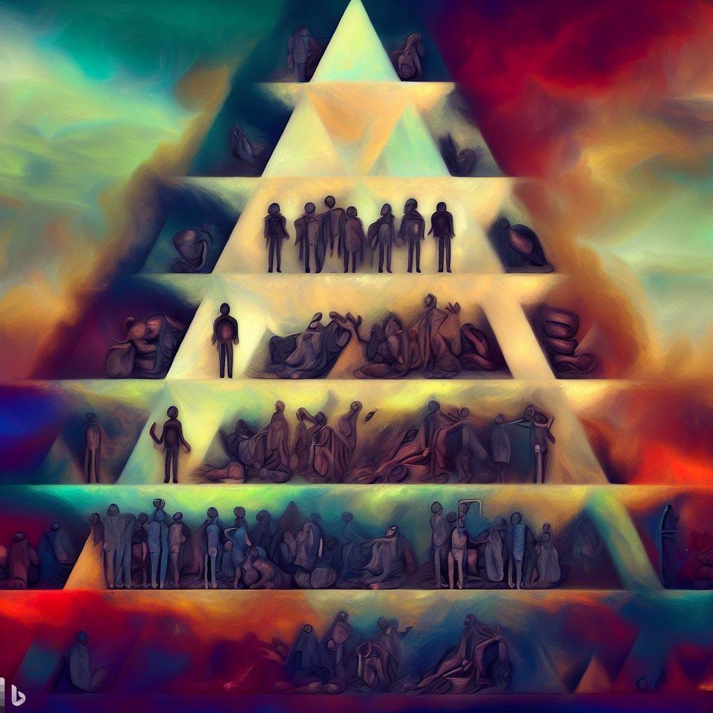 abstract pain of a pyramid with low income people at the bottom and rich bankers at the top