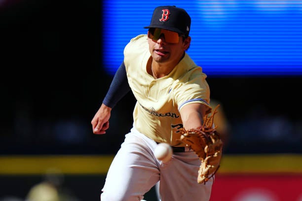 Nick Yorke of the Boston Red Sox fields the ball in the third inning during the SiriusXM All-Star Futures Game at T-Mobile Park on Saturday, July 8,...