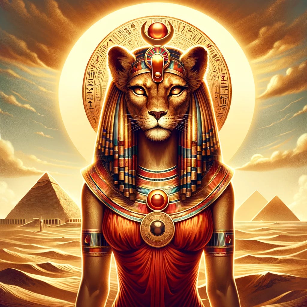 An illustration of the ancient Egyptian goddess Sekhmet, depicted as a majestic lioness-headed woman, embodying strength, power, and healing. She stands in a regal pose against the backdrop of the Egyptian desert, with the pyramids visible in the distance. Sekhmet is dressed in traditional Egyptian attire, with a red dress symbolizing her warrior aspect and a solar disk crowning her head, reflecting her connection to the sun god Ra. Her eyes convey wisdom and compassion, highlighting her dual role as a fierce warrior and a healer. The atmosphere is imbued with ancient mysticism, paying homage to Sekhmet's revered status in Egyptian mythology.