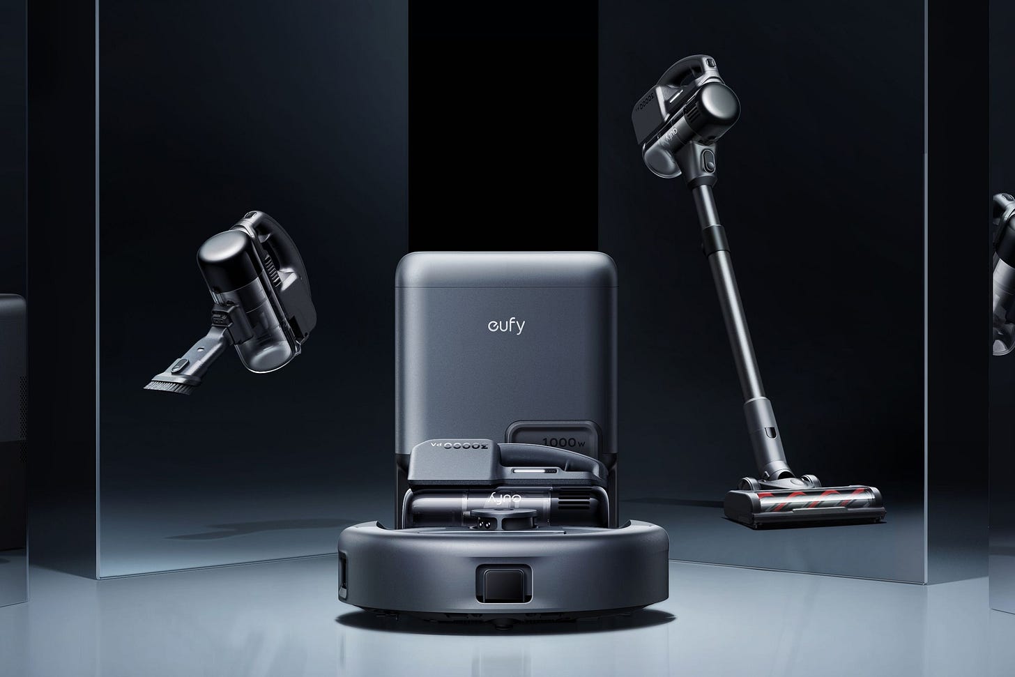 The Eufy E20 robovac parked at its dock next to the alternate hand vac and stick vac modes.