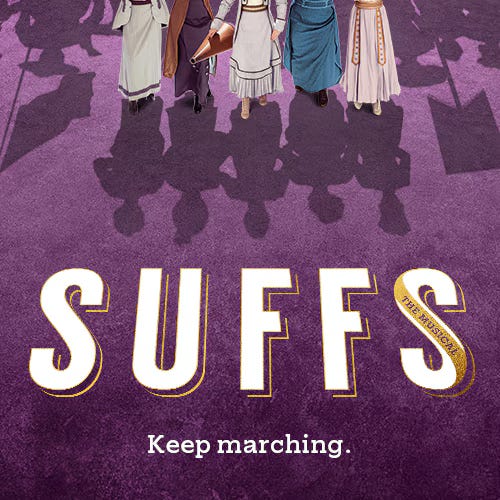 the marketing poster for Suffs shows women in 1910s dresses marching against a purple background.