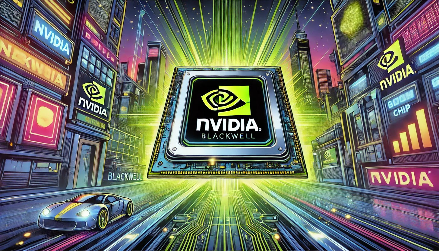 A vibrant pop-art style illustration depicting Nvidia launching its new Blackwell chip. The scene should feature the Nvidia logo prominently in the center, with a futuristic, high-tech design. The background should show an abstract, digital cityscape, with neon lights and digital grids symbolizing advanced technology. There should be a dynamic sense of movement, with glowing circuit boards and digital elements surrounding the Nvidia logo. The color scheme should be bold and striking with shades of green, black, and neon highlights.