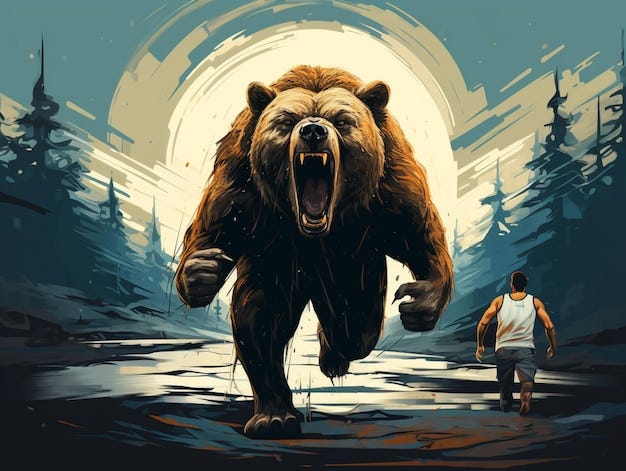 There is a man walking in front of a bear in the woods generative ai |  Premium AI-generated image