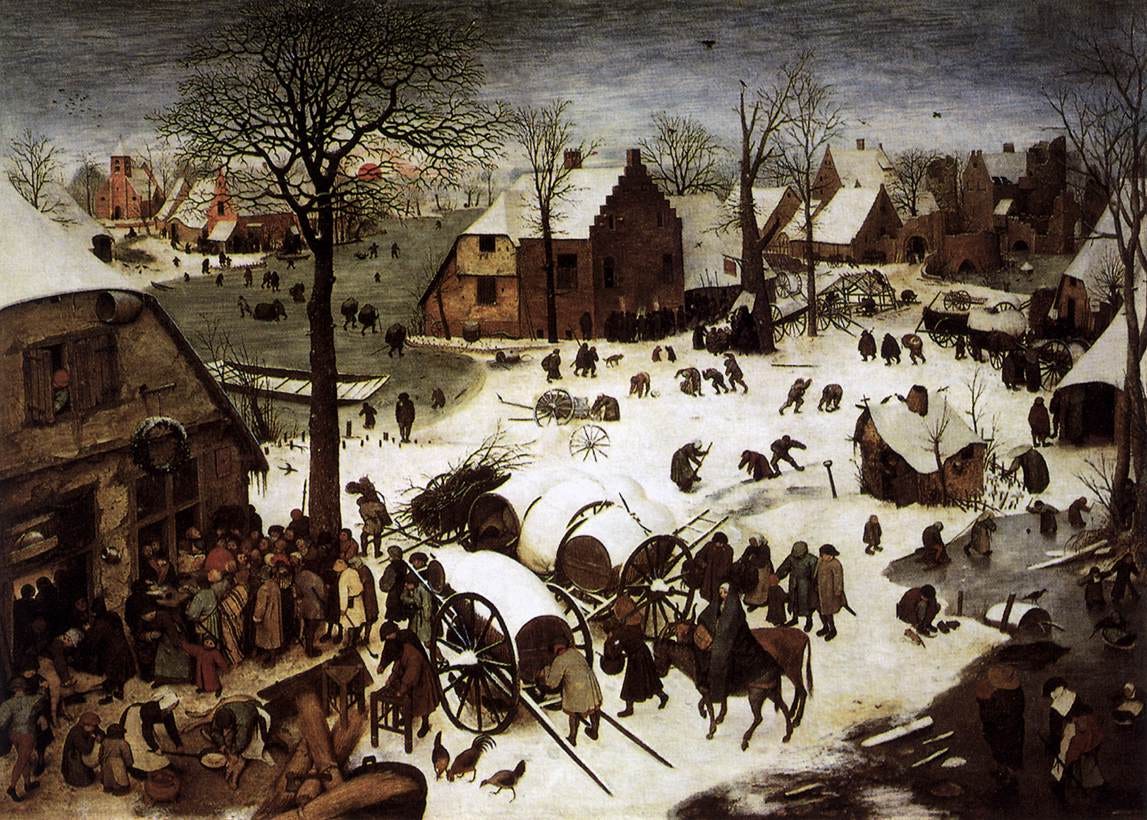 painting of a medieval-looking village covered in snow and populated by a variety of characters