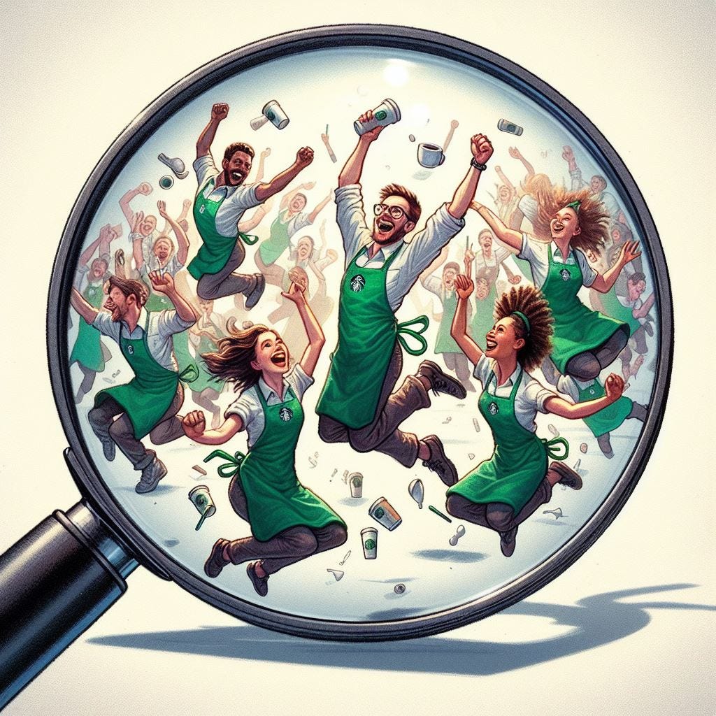 An illustration of a group of Starbucks baristas jumping up and down in celebration, as seen through a magnifying lens