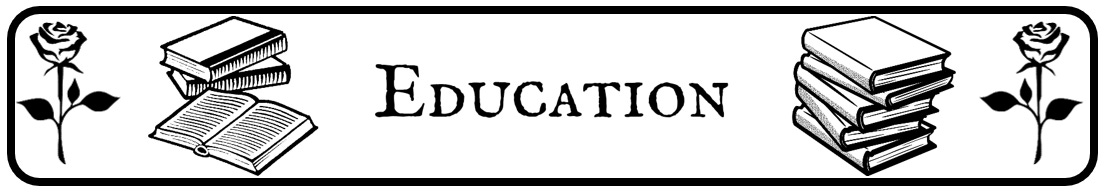 The word "Education" surrounded by books, with roses on either side