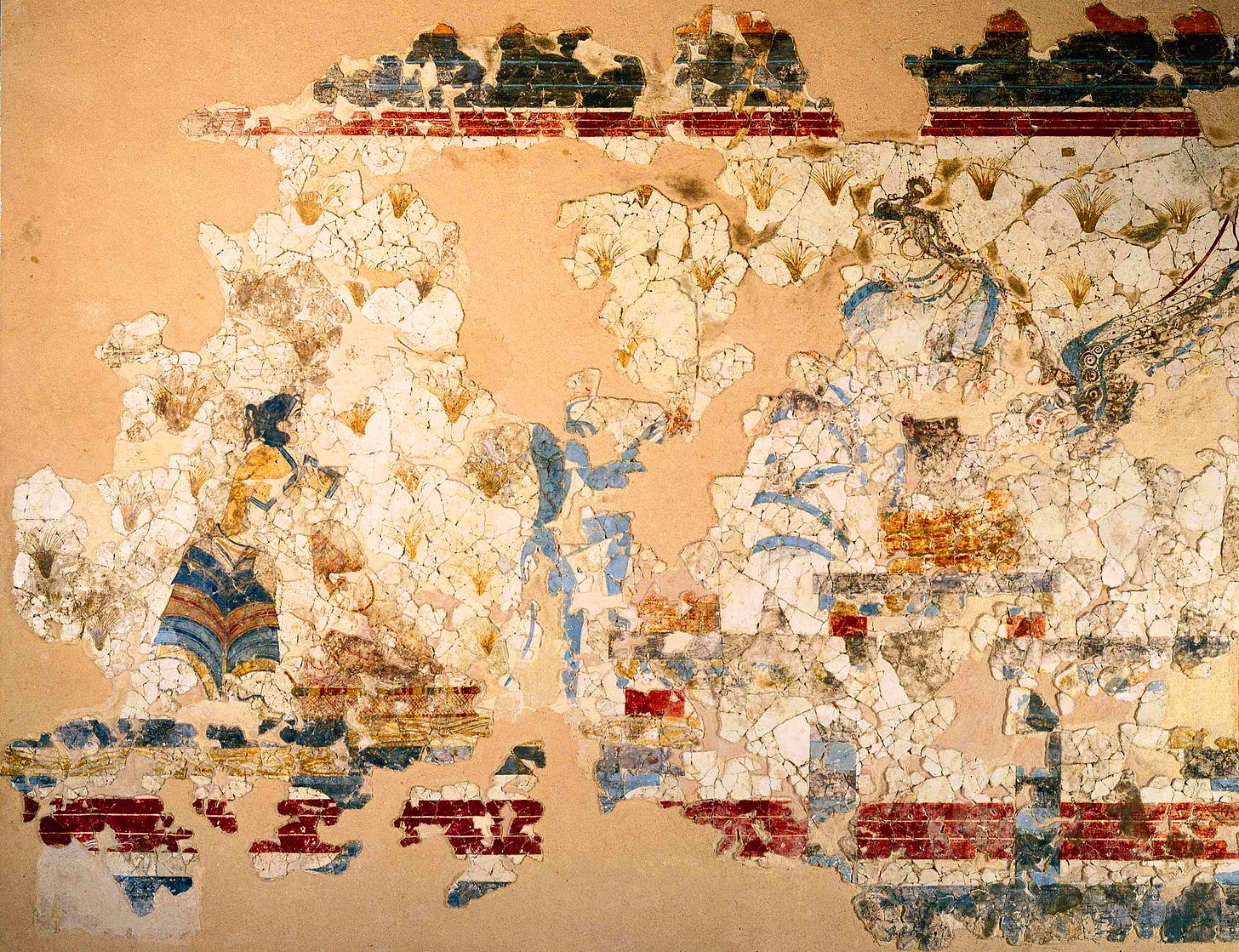 Wall painting showing, on the right, a goddess seated on a platform with a griffin leaning against her. To her left, a monkey offers her saffron, and further left, a young girl pours saffron into a basket.