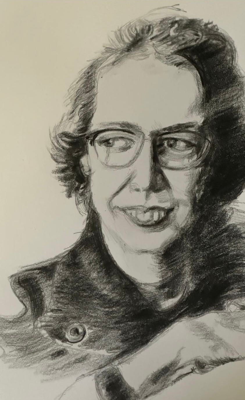 Drawing of Flannery O'Connor in her later years with her glasses on Drawing of Flannery O'Connor in her later years with her glasses on