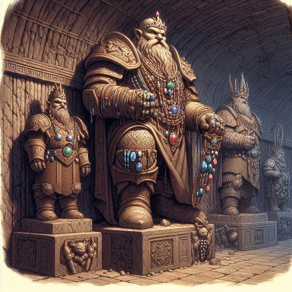 underground city, grand sculptures of dwarves in armor, carved out of stone. These dwarves wore various types of jewelry: necklaces, rings, crowns, made from sparkling emeralds, sapphires, and rubies., d&d cover drawing