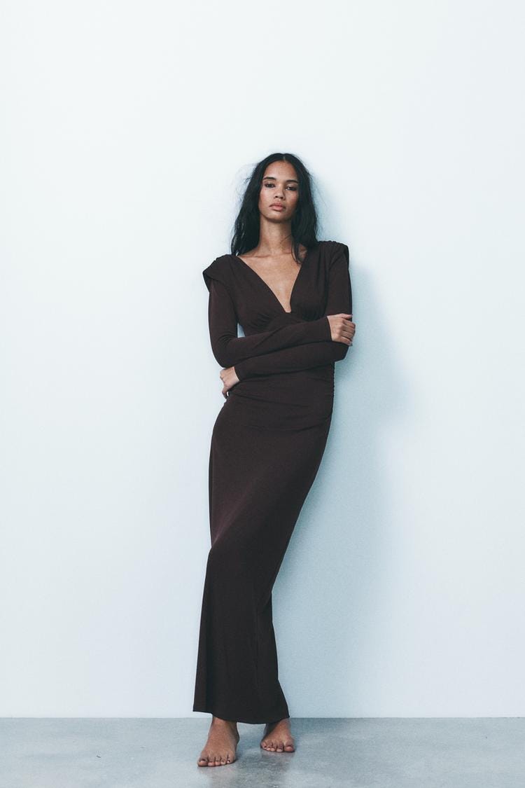 Zara RUCHED SHOULDER PAD LONG DRESS - Chocolate - Image 0