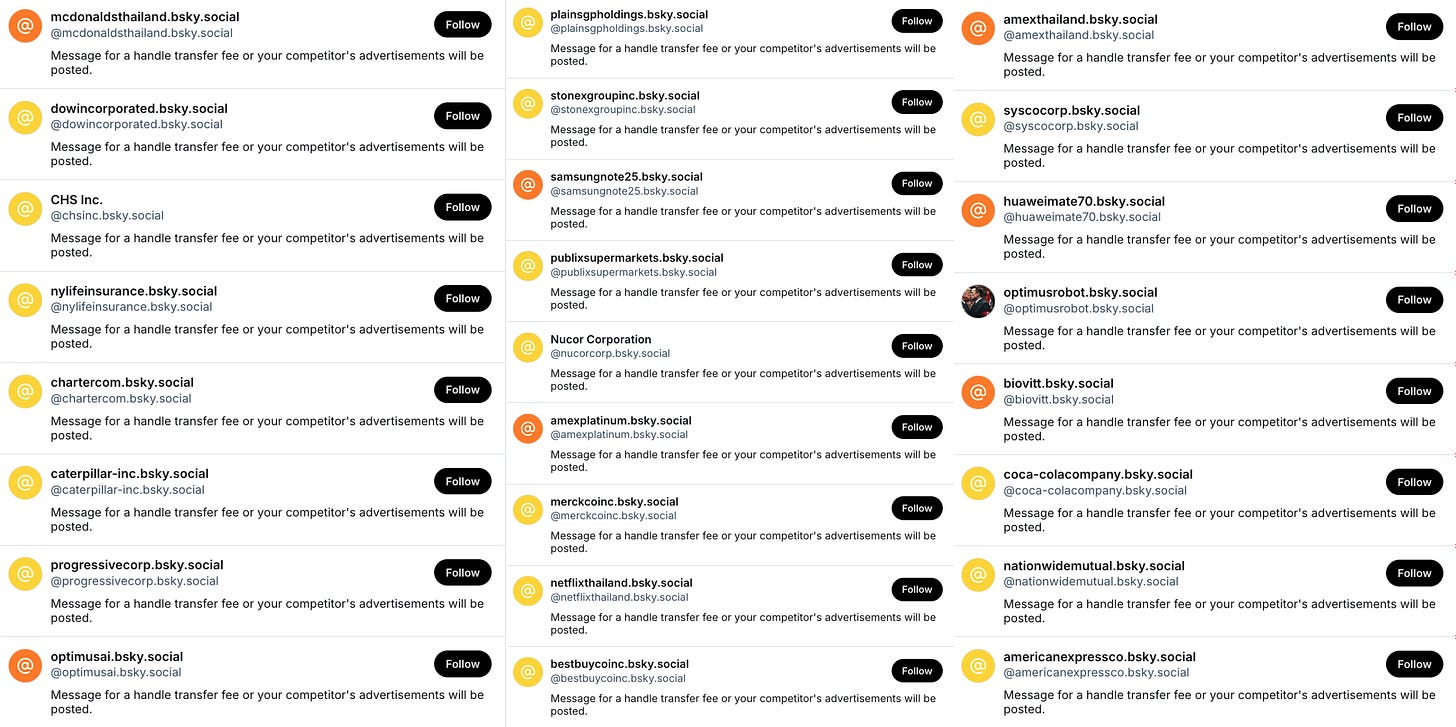 collage of 25 bluesky accounts with the biography "message for a handle transfer fee or your competitor's advertisements will be posted"