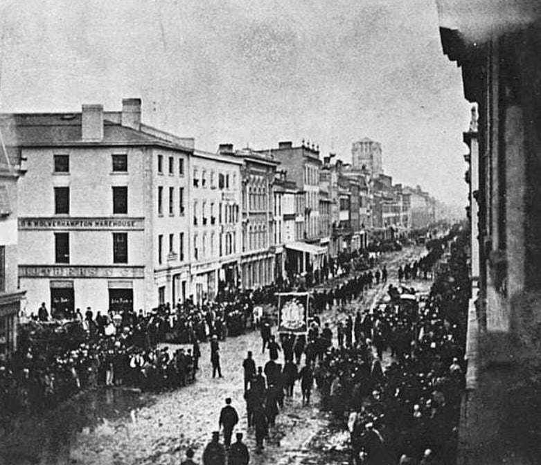 Orange procession, King Street East, Toronto, 1860s. Toronto Public Library