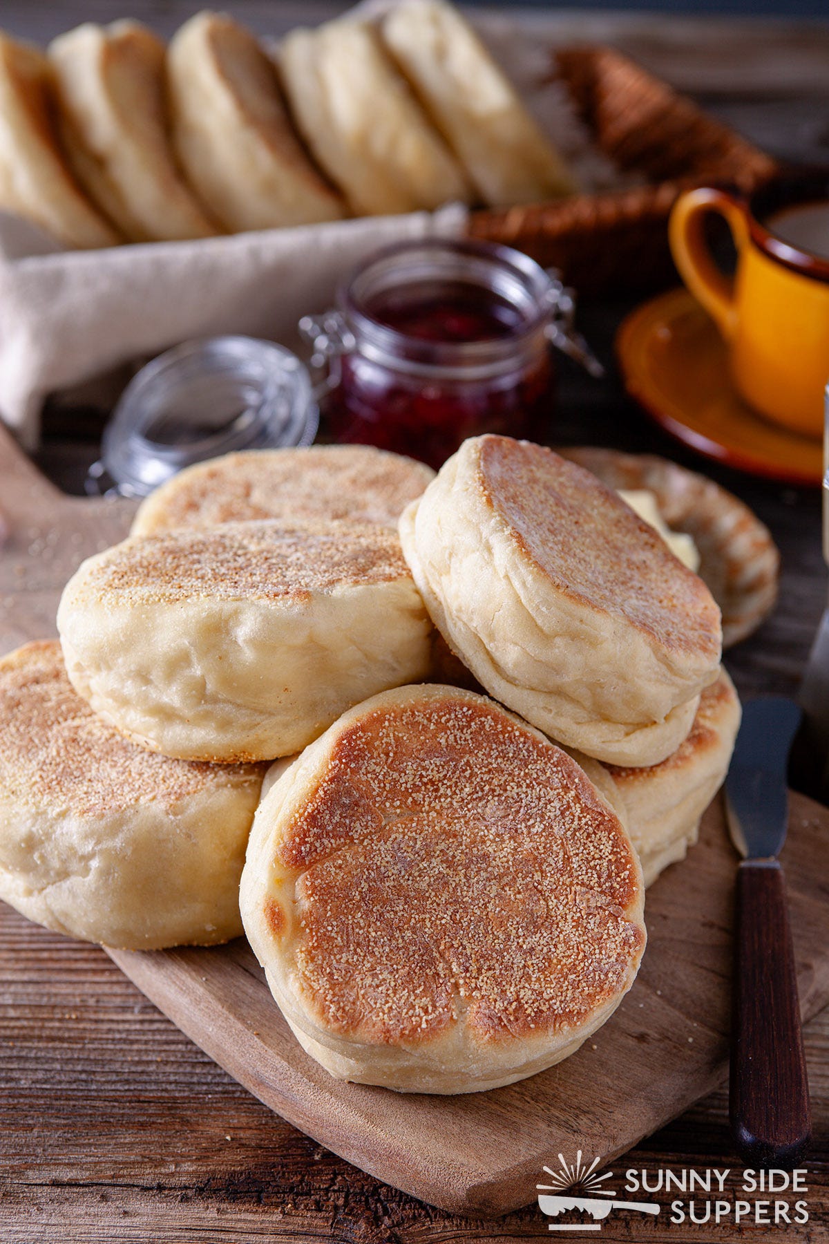 A pile of homemade English muffins.