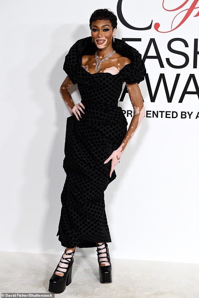 Attendee: Winnie Harlow arrived at the CFDA Fashion Awards in a style-forward black dress