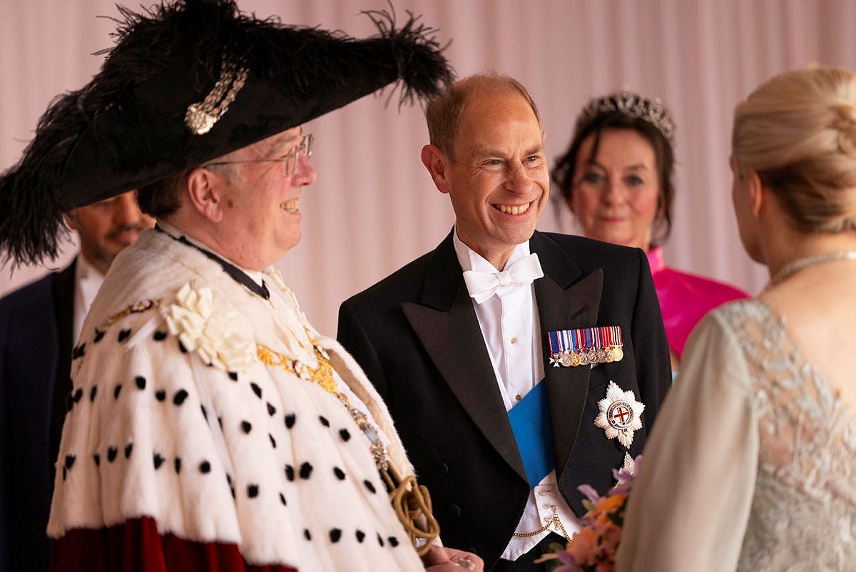 Prince Edward, Duke of Edinburgh, with the Lord Mayor of London for a dinner for the Emperor and Empress of Japan during their state visit 