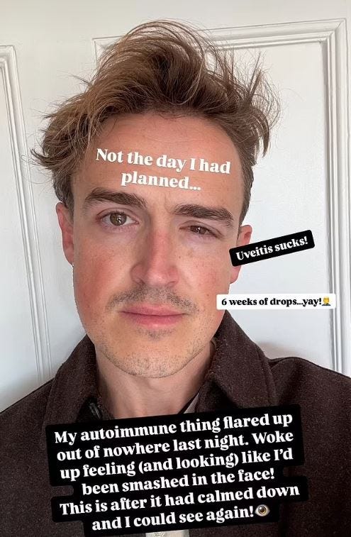 Close-up selfie of a man with text overlay describing his uveitis flare-up.