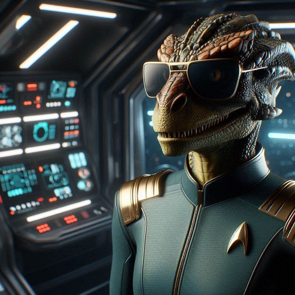 Female Reptilian Starfleet Officer wearing sunglasses standing inside a spaceship