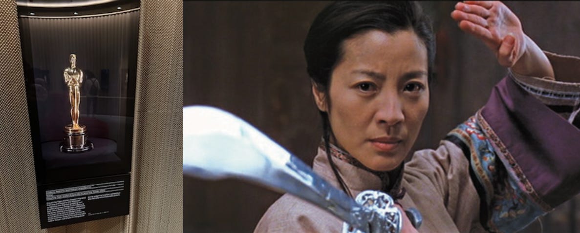 The Oscar that Crouching Tiger Hidden Dragon recieved for Best Foreign Language Film and actress Michelle Yeoh in a screenshot from the movie