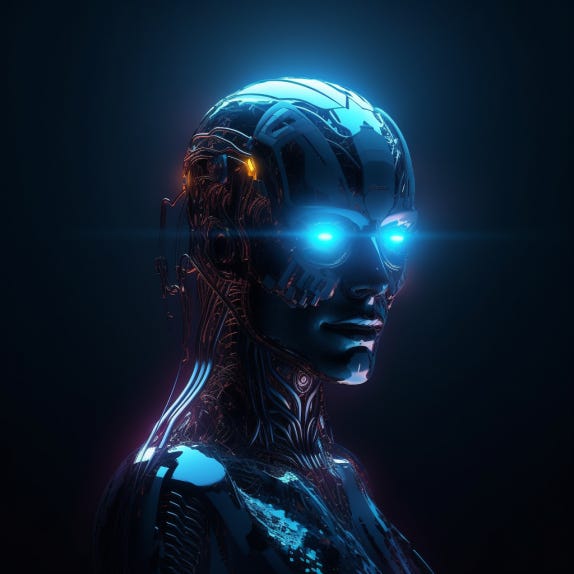 A rendering of a humanoid AGI with glowing blue eyes