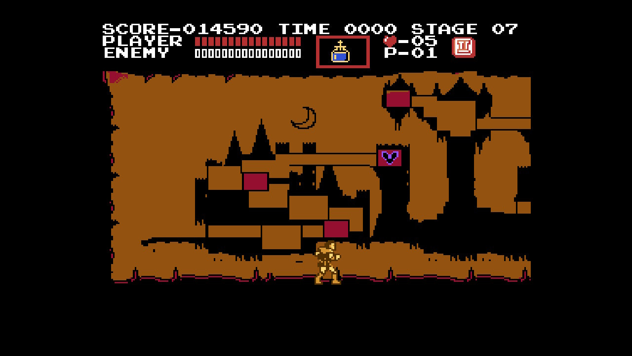 A screenshot of the map, with Simon Belmont moving on to the third level (stage 7), his destination displayed through a bat on a red rectangle higher up in the castle's interior.