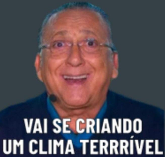 Imagem de Galvão Bueno com cara de constrangido. Na parte inferior, está escrita a legenda: "Vai se criando um clima terrível".