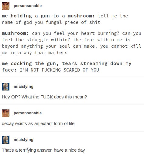 One of the pantheon of powerful latter-day shitposts. personsonable: “me holding a gun to a mushroom: tell me the name of god you fungal piece of shit / mushroom: can you feel your heart burning? can you feel the struggle within? the fear within me is beyond anything your soul can make. you cannot kill me in a way that matters / me cocking the gun, tears streaming down my face: I'M NOT FUCKING SCARED OF YOU”  miaislying: “Hey OP? What the FUCK does this mean?”  personsonable: “decay exists as an extant form of life”  miaislying: “That's a terrifying answer, have a nice day”
