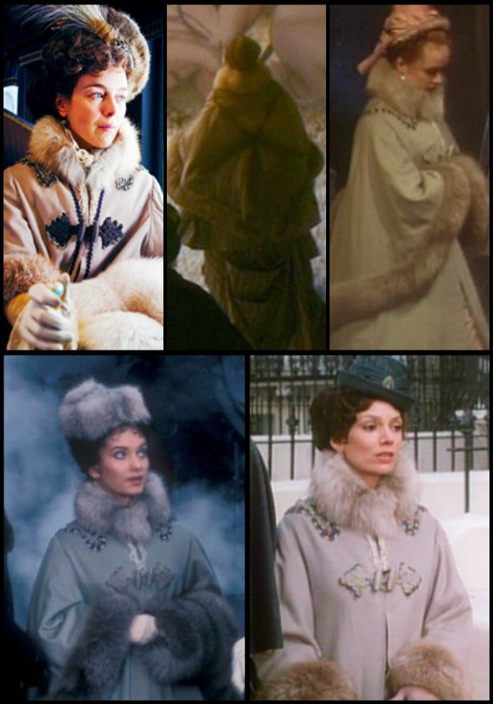 Na górze po lewej Olivię Williams w "Annie Kareninie" z zeszłego roku, płaszcz który nosi ma już prawie 40-letnią historię. W lewym dolnym rogu kadr z 1977 roku również pochodzi z adaptacji "Anny Kareniny" (na zdjęciu Nicola Paget), który później na ekran wskakiwał też w latach 1990 (prawy-górny róg), 1994 (prawy-dolny) oraz 2006 (środek w górnym rzędzie).