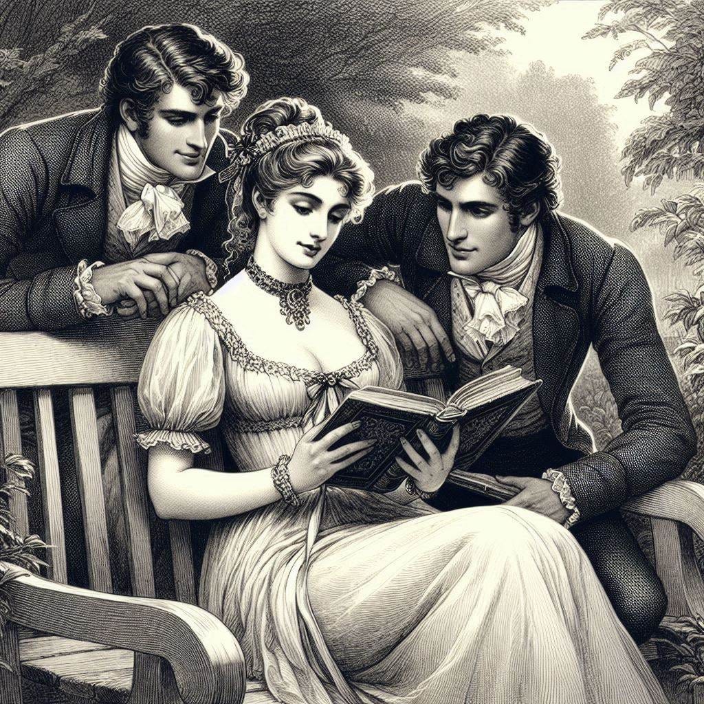 A beautiful woman in a Regency-era sundress sits on a bench in a garden with two handsome male admirers looking over her shoulder at her book, drawn in the style of a nineteenth century engraving.