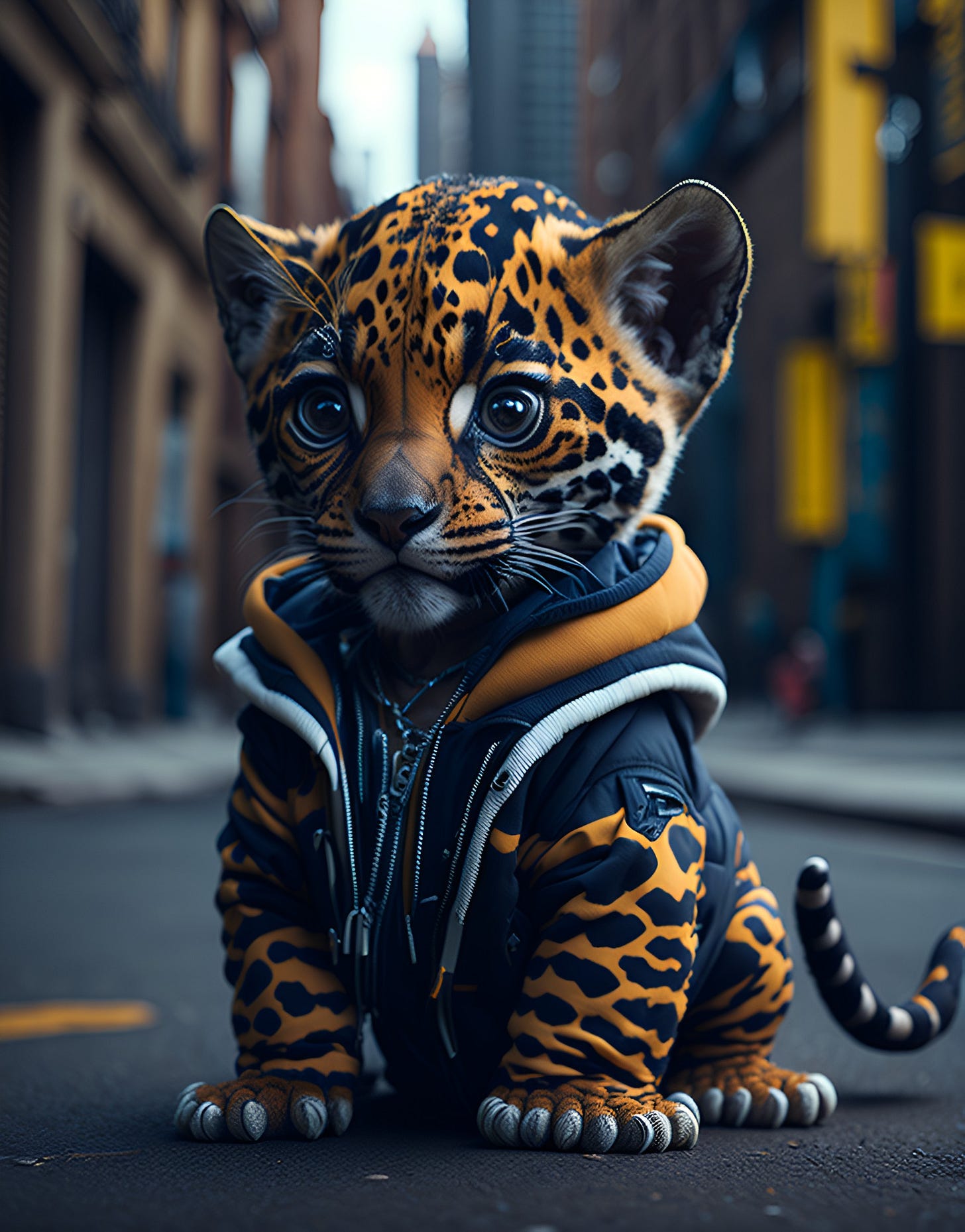 A cute Kawaii tiny hyper realistic baby jaguar, wearing hip hop clothes, city background. wide angle full body, 8k, Cinematography, photorealistic,epic composition Unreal Engine,Cinematic, Color Grading, Portrait Photography,Ultra-Wide Angle, Depth of Field, hyper detailed