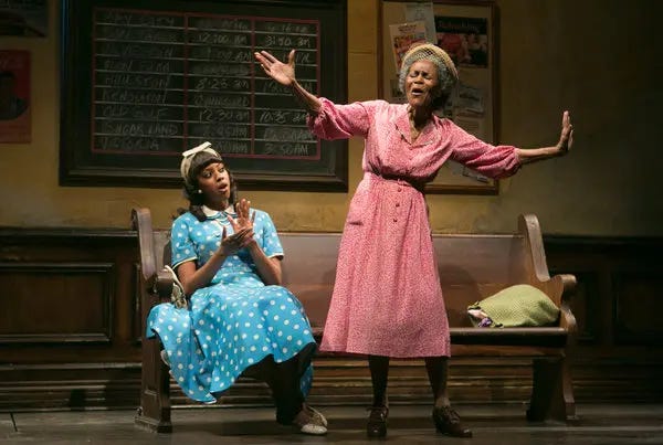 This image shows the characters Thelma (played by Condola Rashad, left) and Carrie Watts (played by Cicely Tyson, right) in a scene from the 2013 revival of Horton Foote's 1953 play The Trip to Bountiful. This image shows the characters Thelma (played by Condola Rashad, left) and Carrie Watts (played by Cicely Tyson, right) in a scene from the 2013 revival of Horton Foote's 1953 play The Trip to Bountiful.