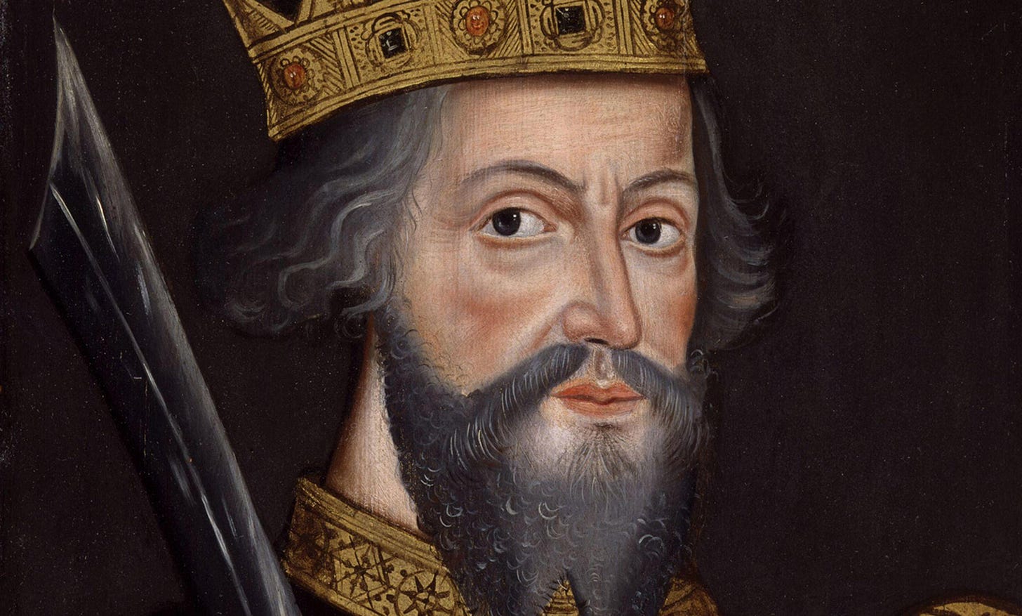 A painting of a bearded man wearing a gold crown and holding a sword. The background is dark, highlighting the intricate details.