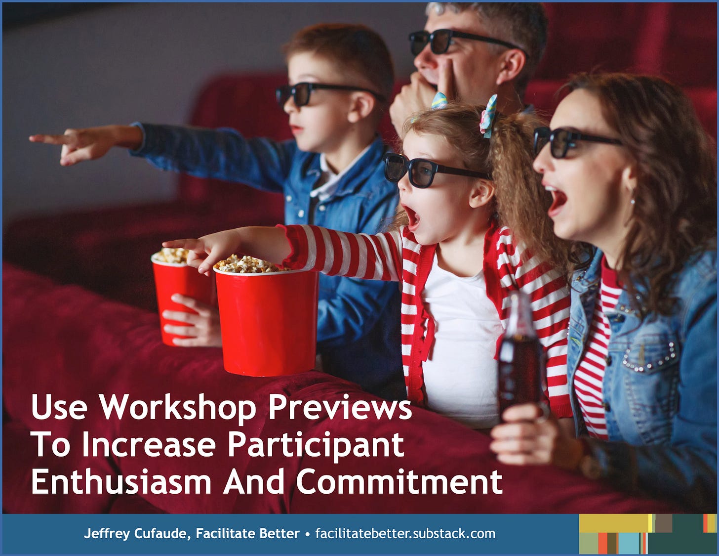 A couple and their two young children are seated in a movie theater with popcorn and soda.  They have expressions of amazement on their faces and the children are pointing at the screen.