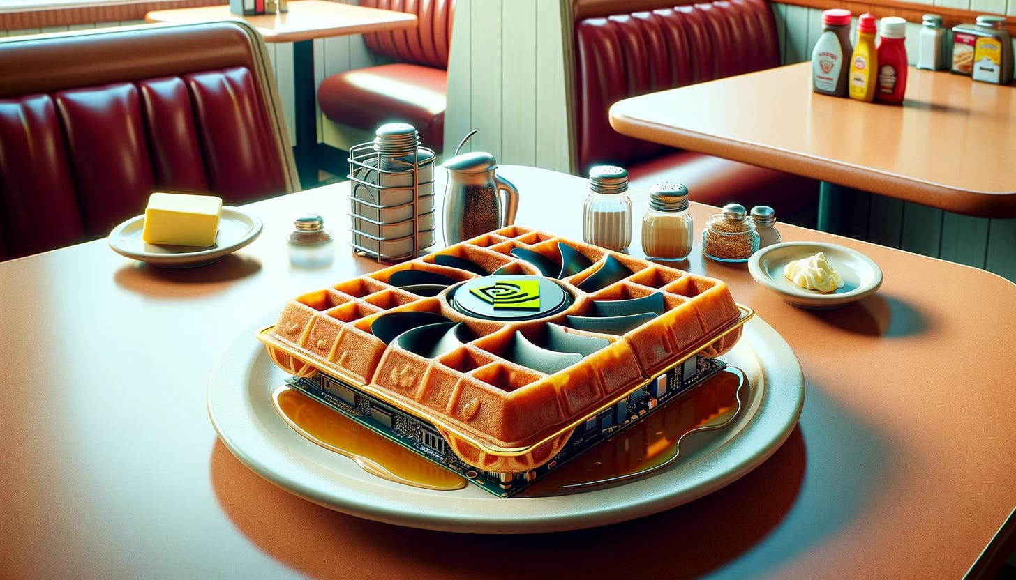 A hot buttered stack of AI: a waffle that resembles a GPU sits on a table in a diner.