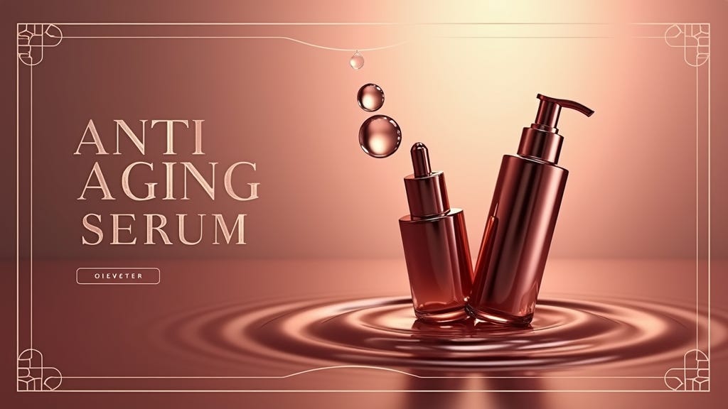 Sleek UI design for a luxury cosmetic brand homepage, rendered in stunning hyper-realism. Glossy product images float against a gradient background, transitioning from soft rose gold to deep burgundy. Minimalist sans-serif typography in gleaming metallic hues with text "Anti Aging Serum". Photorealistic skin textures showcase product effects. Art deco-inspired geometric patterns frame interactive elements,