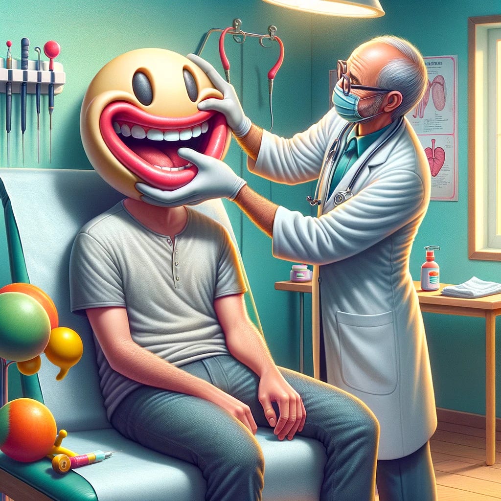 A surreal and metaphorical depiction of a person sitting in a doctor's office, where the doctor gently lifts the corners of the patient's mouth into a smile using oversized, cartoonish gloves. The scene is whimsical and exaggerated, capturing the essence of being compelled to exhibit happiness. The office is filled with bright, cheerful colors and quirky medical instruments in the background, adding to the fantastical ambiance of the situation. The patient and doctor are both dressed in traditional medical visit attire, with the patient in a simple shirt and the doctor in a white coat, embodying the typical doctor-patient dynamic in a lighthearted, imaginative way.