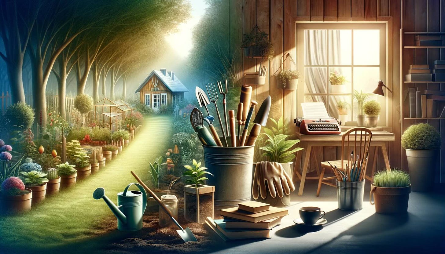 An image illustrating the theme of "Creative Gardening: Cultivating Your Writing" with elements of both gardening and a writer’s workshop. The image merges a serene garden setting with a cozy writing nook, symbolizing the connection between gardening and the creative writing process.