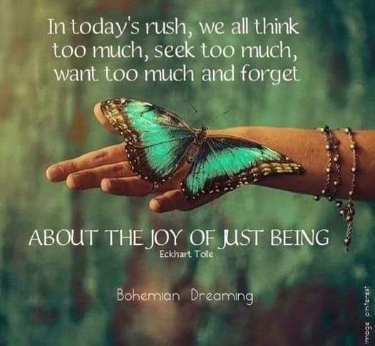 May be an image of one or more people and text that says 'In today's rush, we all think too much, seek too much, want too much and forget ABOUT THE JOY OF JST BEING Eckhart Tole Bohemian Dreaming'