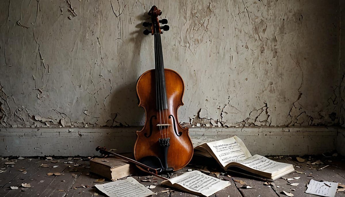 Abandoned violin, standing against cellar wall, music scattered