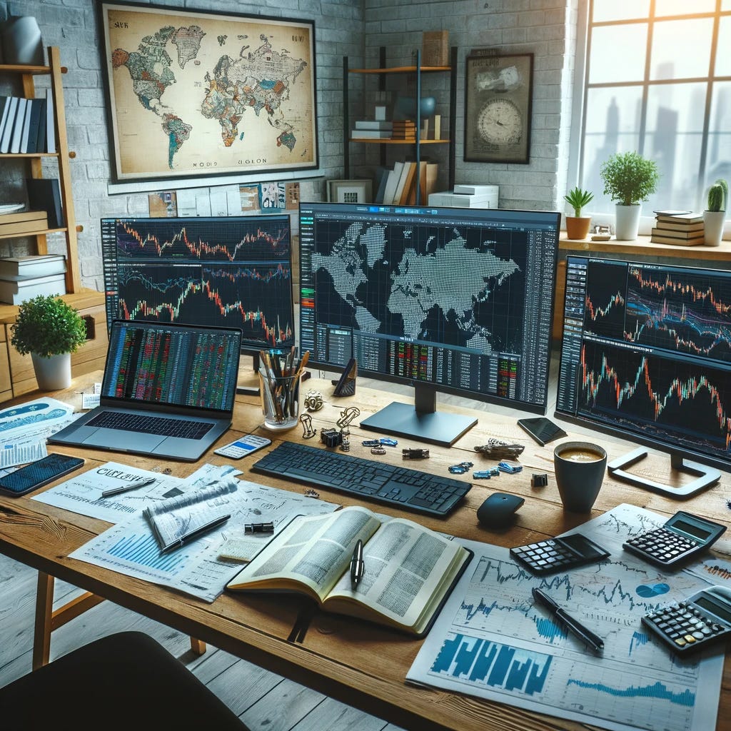 A home office setup for stock market research. The workstation includes a large desk with multiple computer monitors displaying stock market charts and financial data. There's a laptop open with a spreadsheet analysis of stocks, surrounded by notebooks and financial newspapers scattered around. On the desk, there are pens, a calculator, and a cup of coffee. In the background, a shelf with finance books and a world map on the wall, reflecting a global investment focus. The room has a window with a view of a city skyline, suggesting an urban setting.