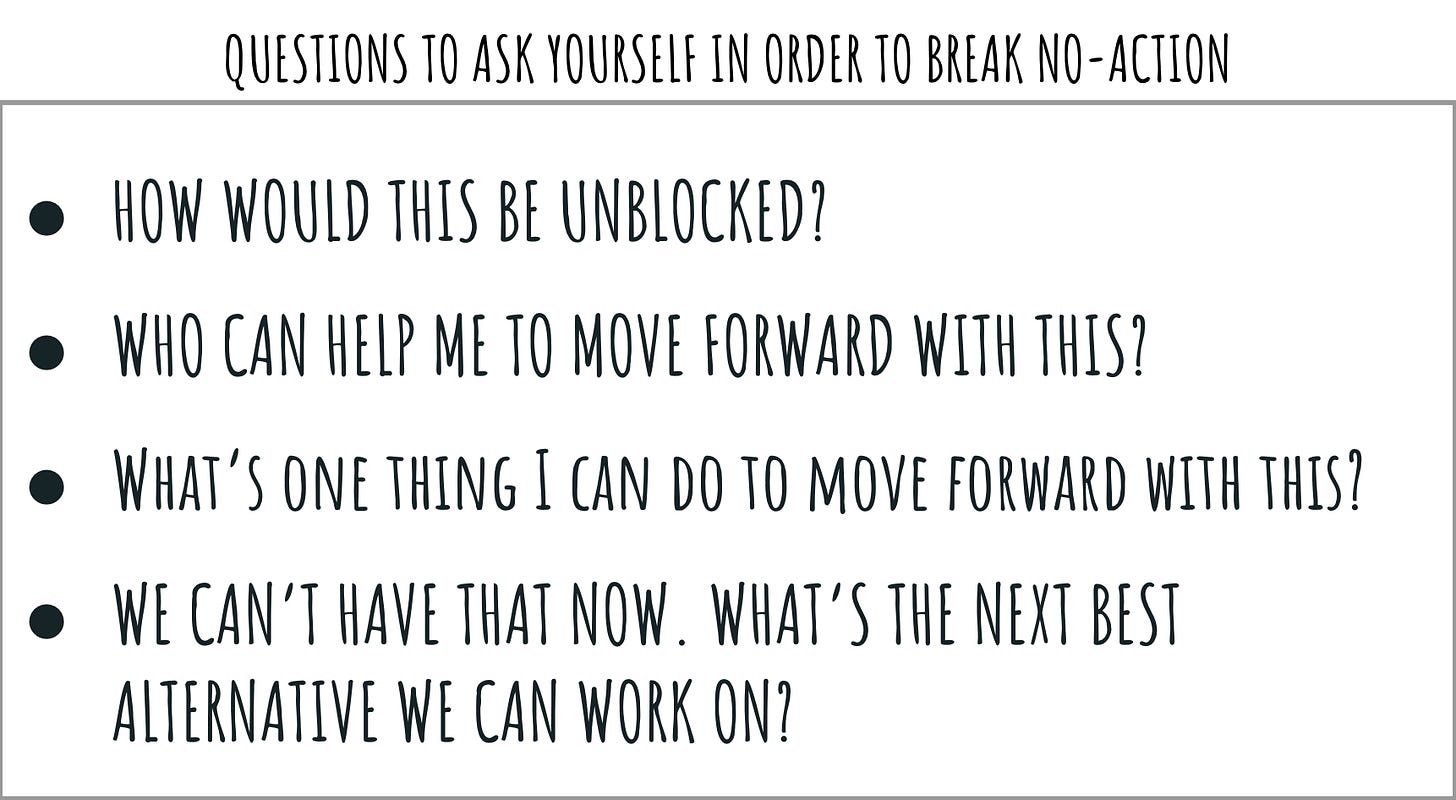A set of questions in bullet points saying: How would this be unblocked? Who can help me to move forward with this? What's one thing I can do to move forward with this? We can't have that now. What's the next best alternative we can work on?
