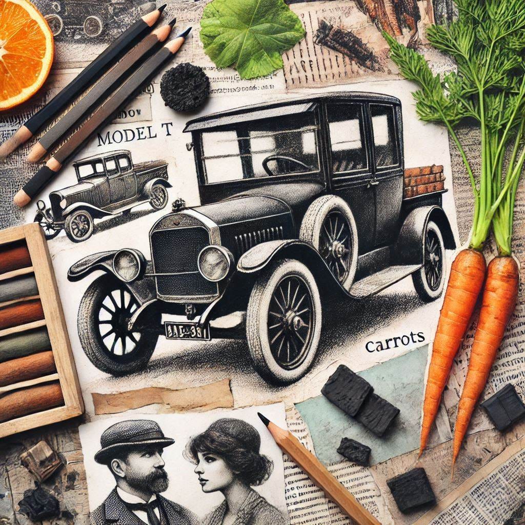 a scrapbook style collage of newspaper and magazine clippings featuring a model T, carrots, and charcoak