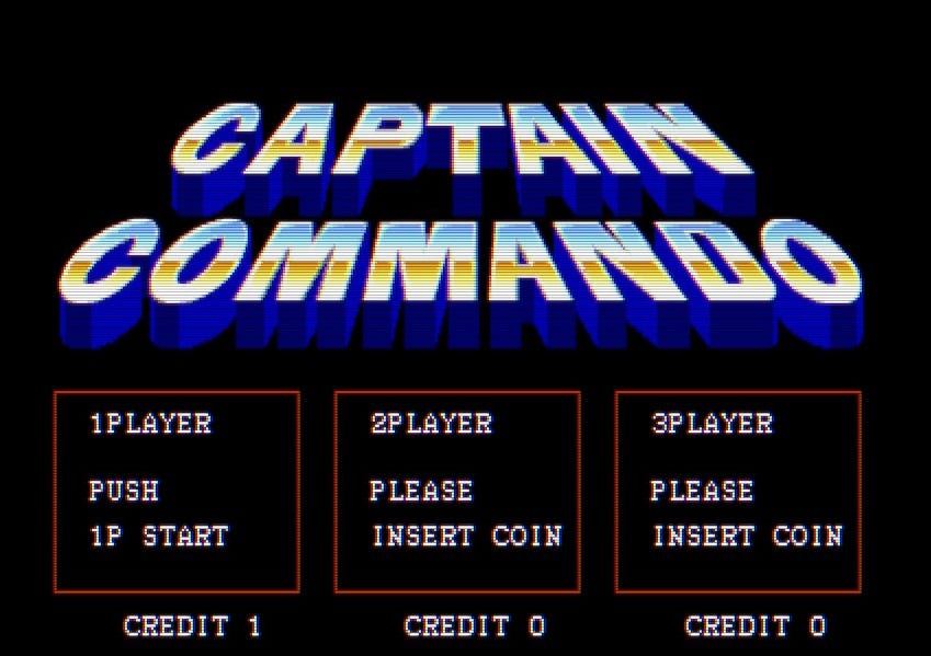 A screenshot of the title screen from the arcade version of Captain Commando, which features the game's logo in a shiny, metallic font, as well as boxes below showing whether credits have been inserted or not for the various potential players.