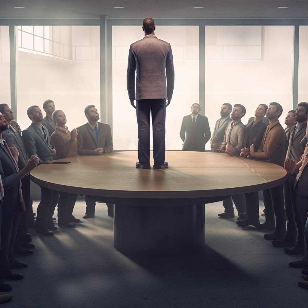 A man stands on a table in a boardroom. People watching him, ready to catch him.