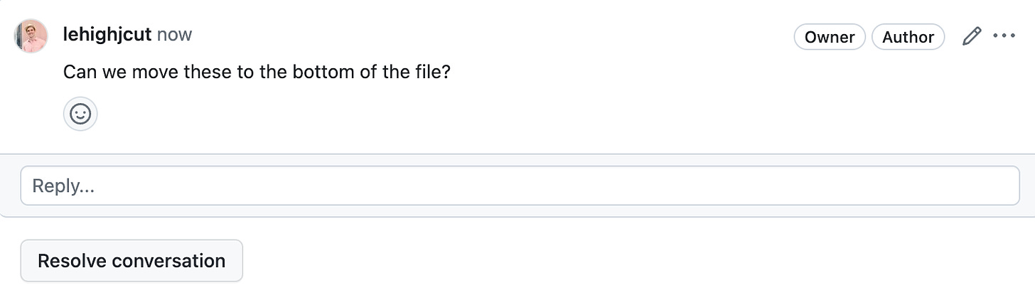 Code review comment saying, "Can we move these to the bottom of the file?"