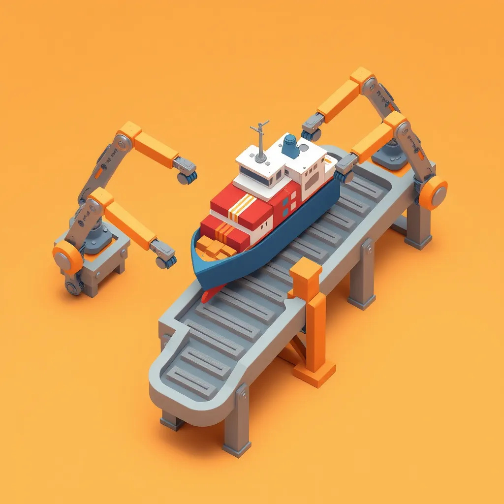 Robot arms assembling a toy cargo ship