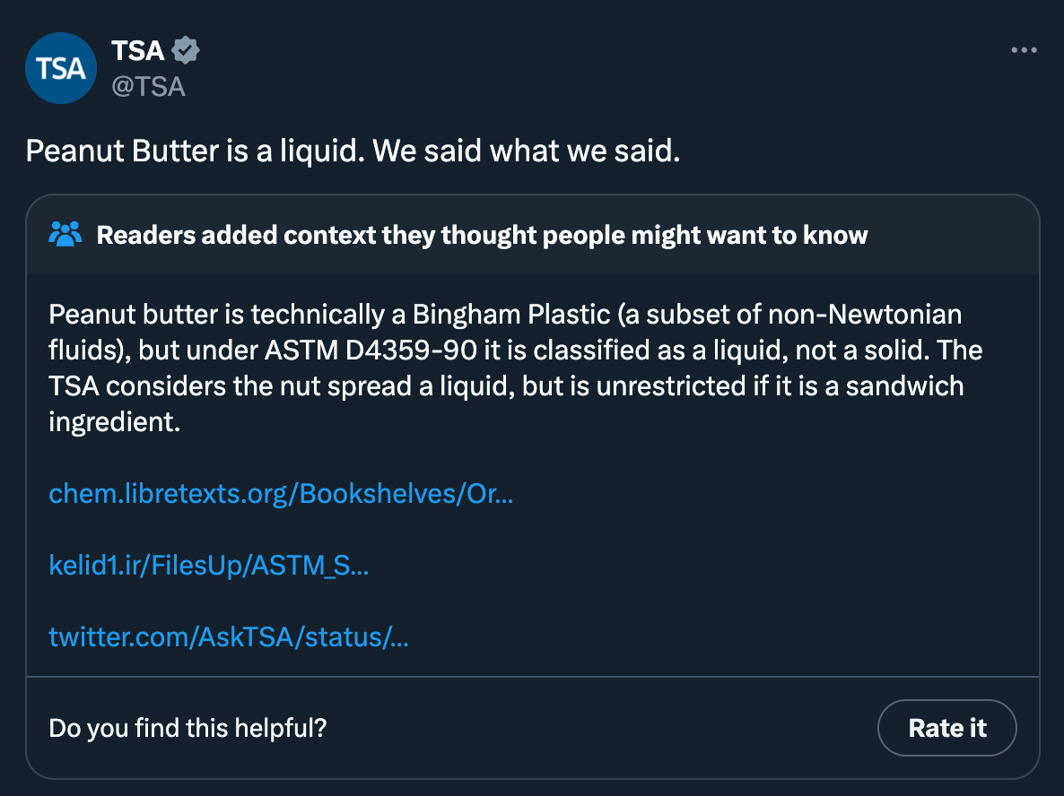 TSA tweet reads "Peanut butter is a liquid. We said what we said"