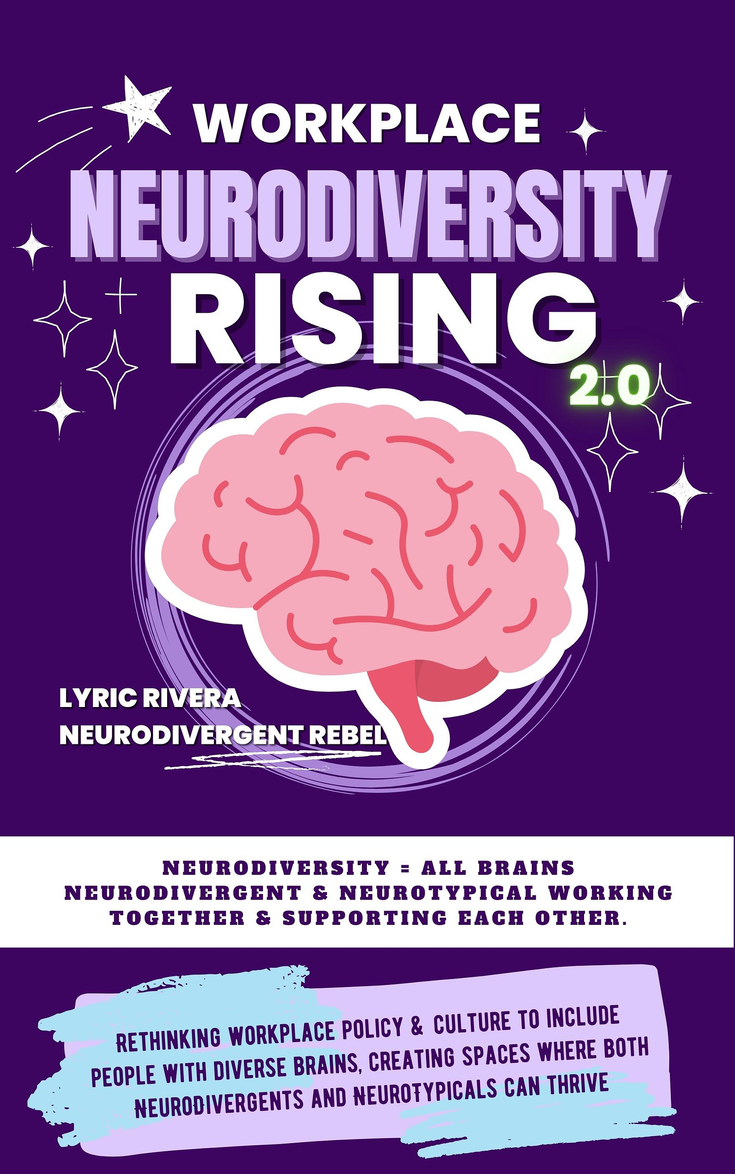 A purple book with a pink brain on the cover with text that reads (from top to bottom): Workplace NeuroDiversity Rising 2.0 - Lyric Rivera - NeuroDivergent Rebel - NeuroDiversity = All brains NeuroDivergent & NeuroTypical, working together & supporting one another - Rethinking workplace policy & culture to include people with diverse brains, creating spaces where both NeuroDivergents and NeuroTypicals can thive