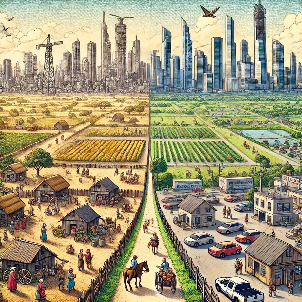 An illustration depicting the historical transition from rural living to urbanization. On one side, show a scene of people living in small villages or countryside settings with simple homes, farms, and open spaces, without any horizon industry or skyscrapers. On the other side, illustrate a bustling megalopolis city with skyscrapers, crowded streets, and modern infrastructure. The two scenes should be connected by a timeline, highlighting the shift from rural to urban living over the centuries.