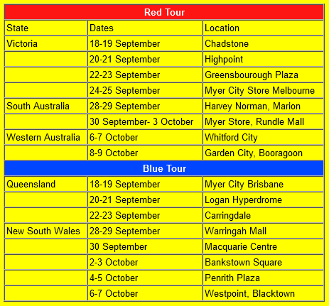 A schedule from the official Pokémon website at the time, detailing the Red and Blue Tours that took place across Australia
